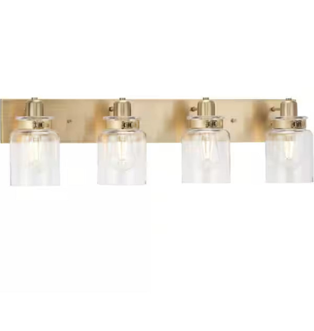 Progress Lighting Calhoun Vanity Light 4 Light Gold Vintage Brass With Clear Glass For Modern Farmhouse Bathrooms