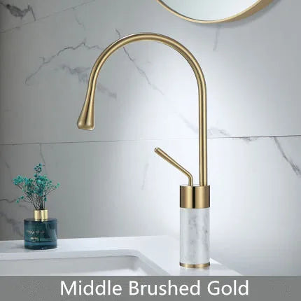 DecorBites™ Brushed Gold Brass & Marble Bathroom Sink Faucet