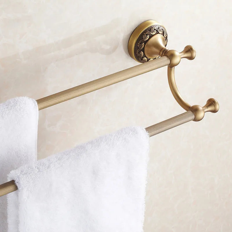 DecorBites™ Antique Brass Double Towel Bar Bathroom Shelf Holder Towel Rack