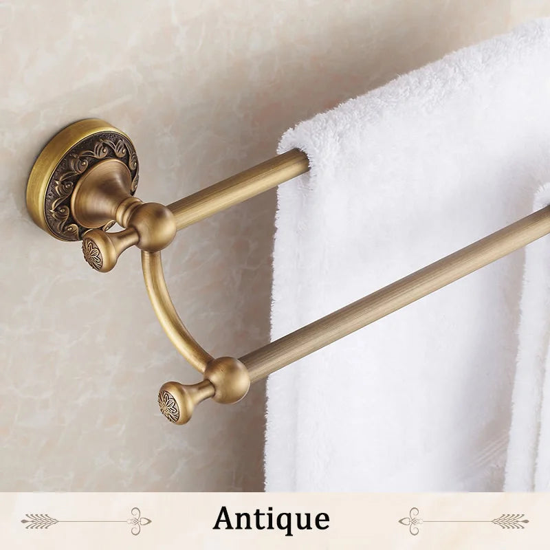 DecorBites™ Antique Brass Double Towel Bar Bathroom Shelf Holder Towel Rack
