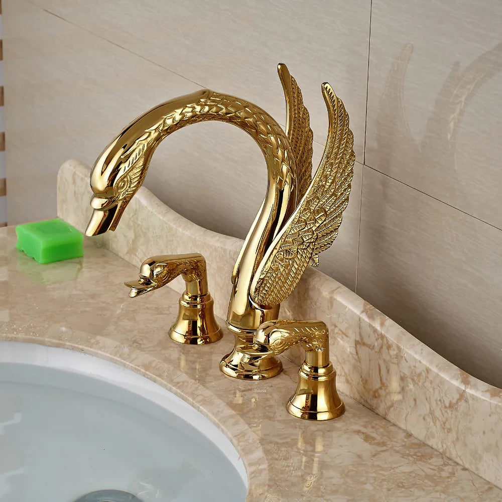 DecorBites™ Golden Swan Dual Handle Bathroom Faucet, Luxury Gold Finish Basin Tap