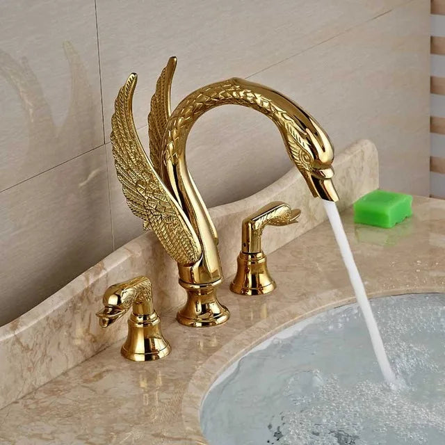 DecorBites™ Golden Swan Dual Handle Bathroom Faucet, Luxury Gold Finish Basin Tap