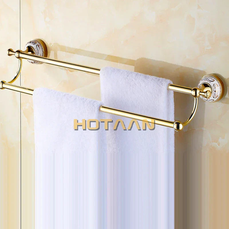 DecorBites™ 60cm Double Towel Bar with Ceramic Gold Finish for Bathroom Accessories.