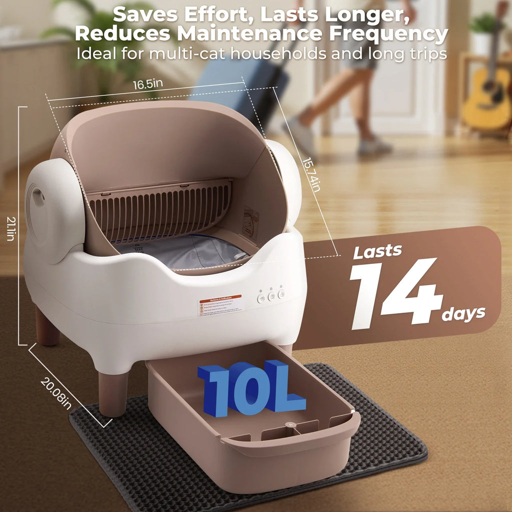 Self-Cleaning Cat Litter Box with App Control — Open-Top Auto Litter Box, 10L Odor-Free Waste Bin, Whisper-Quiet Smart Litter Box for Multi-Cat Homes
