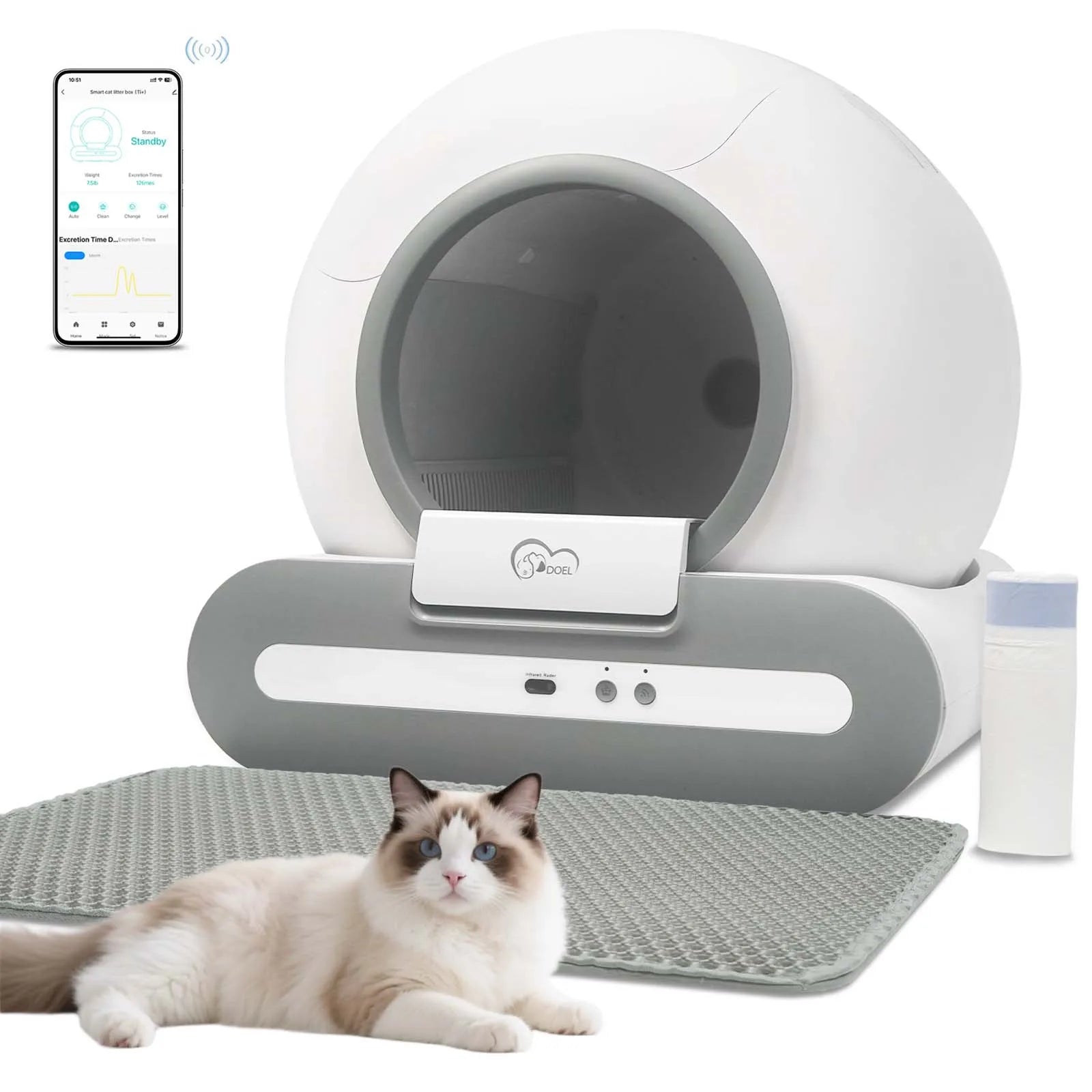 DOEL 65L Self-Cleaning Cat Litter Box App Control – ONLY Supports 2.4G WiFi w/ Litter Mat & Trash Bags