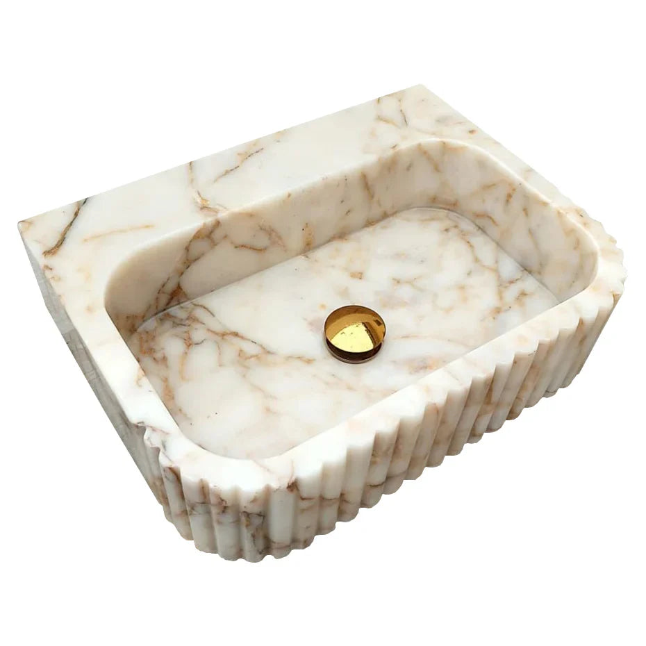 Calacatta Gold Marble Handcrafted Wall Mount Vanity Sink Fluted Rectangle 16W 20L 6H For Luxury Bathrooms