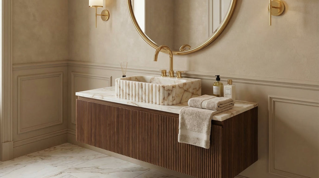 Calacatta Gold Marble Handcrafted Wall Mount Vanity Sink Fluted Rectangle 16W 20L 6H For Luxury Bathrooms