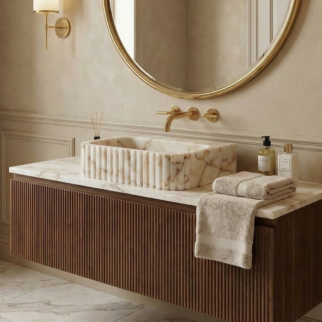 Calacatta Gold Marble Handcrafted Wall Mount Vanity Sink Fluted Rectangle 16W 20L 6H For Luxury Bathrooms
