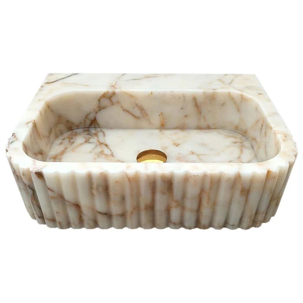 Calacatta Gold Marble Handcrafted Wall Mount Vanity Sink Fluted Rectangle 16W 20L 6H For Luxury Bathrooms