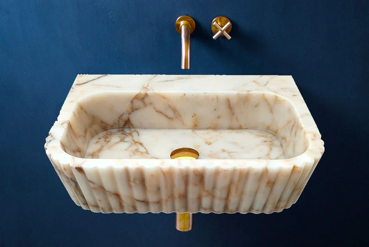 Calacatta Gold Marble Handcrafted Wall Mount Vanity Sink Fluted Rectangle 16W 20L 6H For Luxury Bathrooms