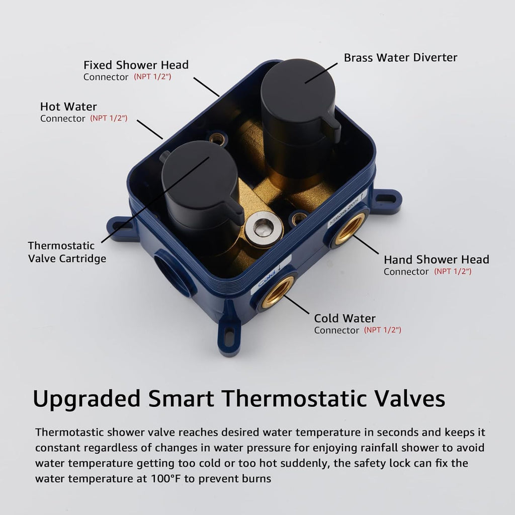 Trustmi Thermostatic Shower System Matte Black With Brass 3-Way Diverter Precise Temperature Control For Home Bathrooms