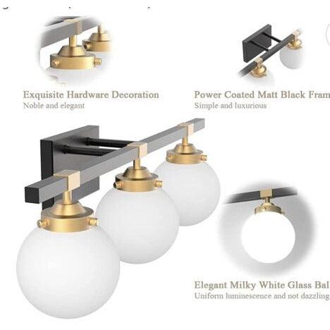 Tipace Mid Century Modern Bathroom Vanity Light Fixtures 3 Lights Milky White Glass Shades Black/Golden Bathroom Light Fixture(Exclude Bulb)